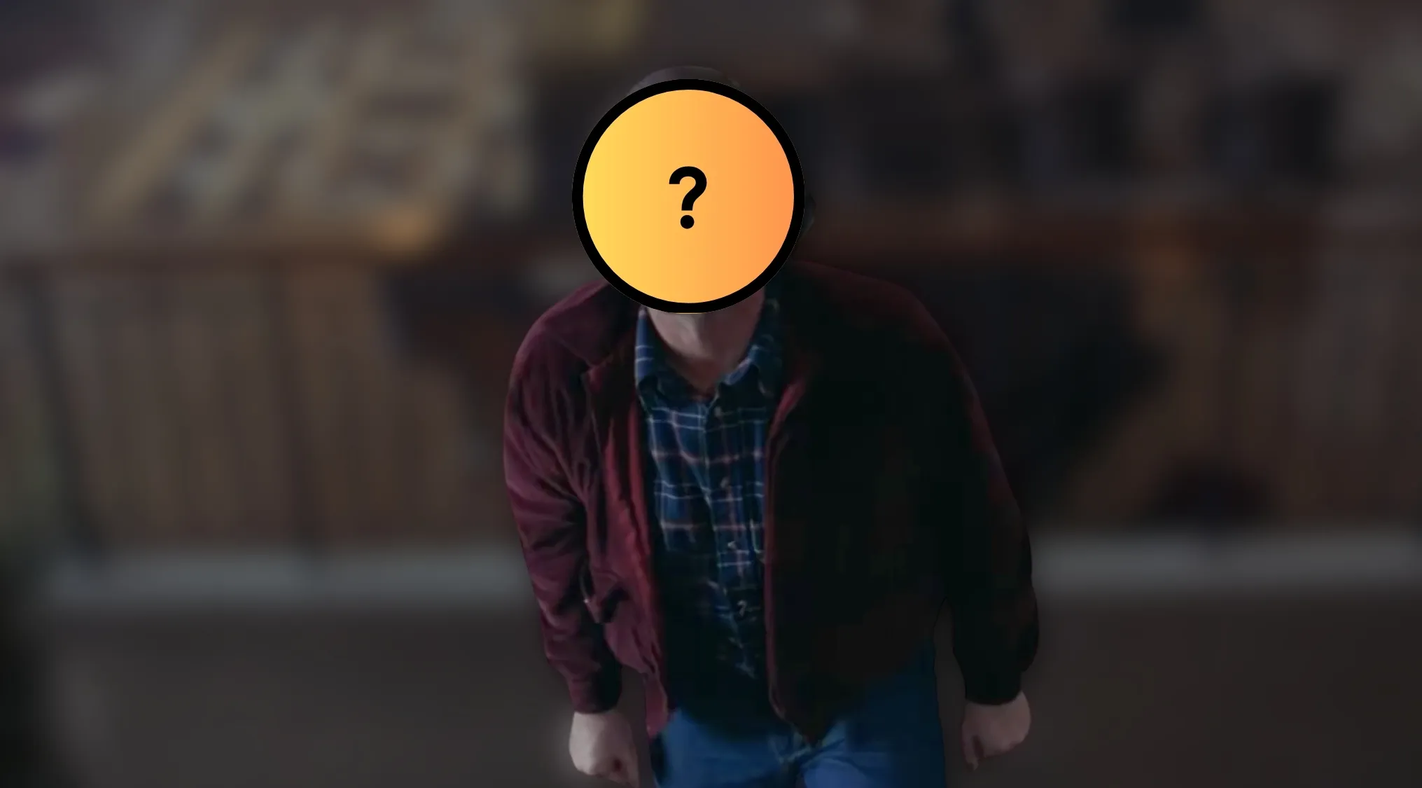 Guess the villain by their outfit. A blurred figure with a question mark over their face, wearing a maroon jacket.