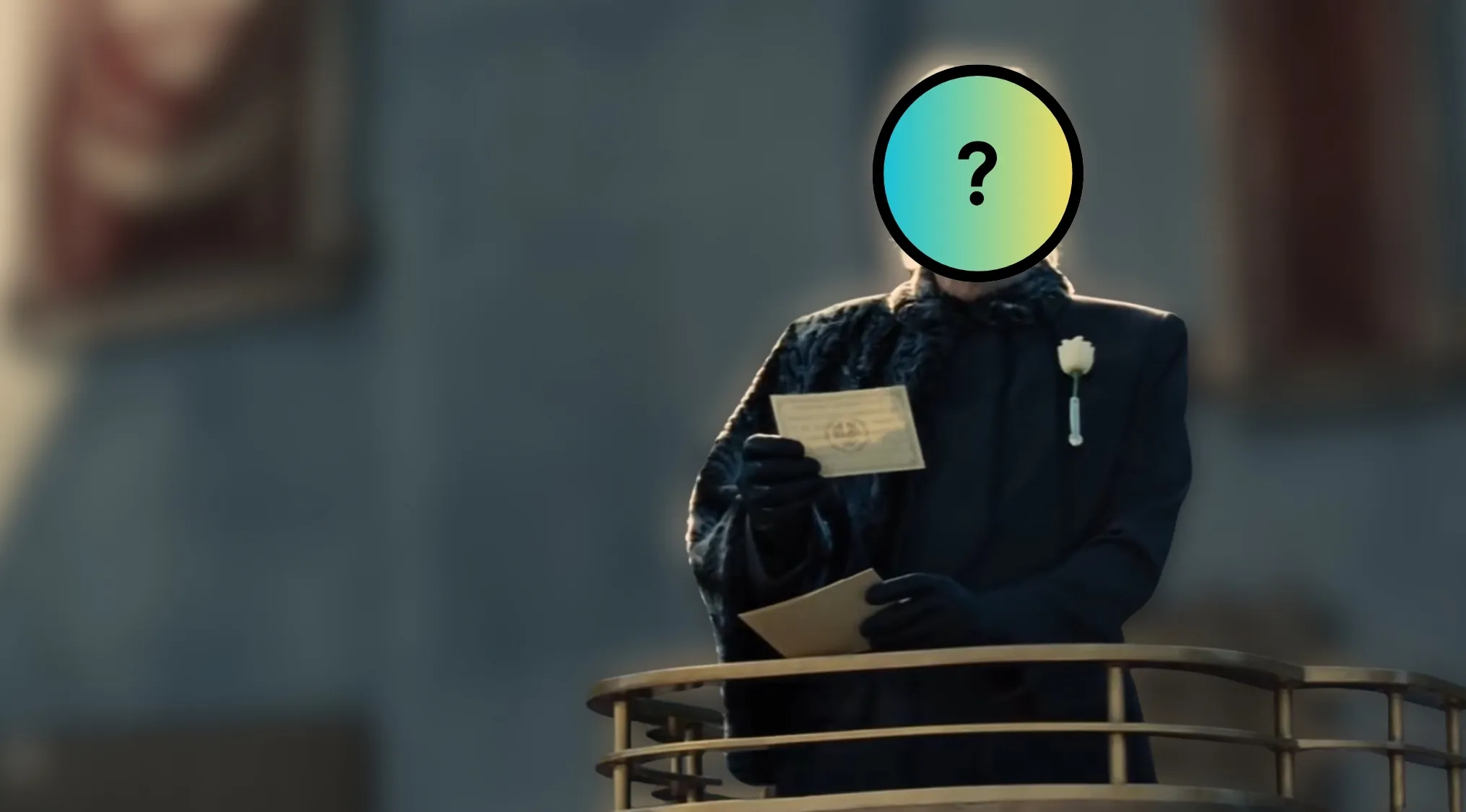 Guess The Villain by their outfit in The Hunger Games, a silhouette of a person wearing a formal suit with a white rose pin.