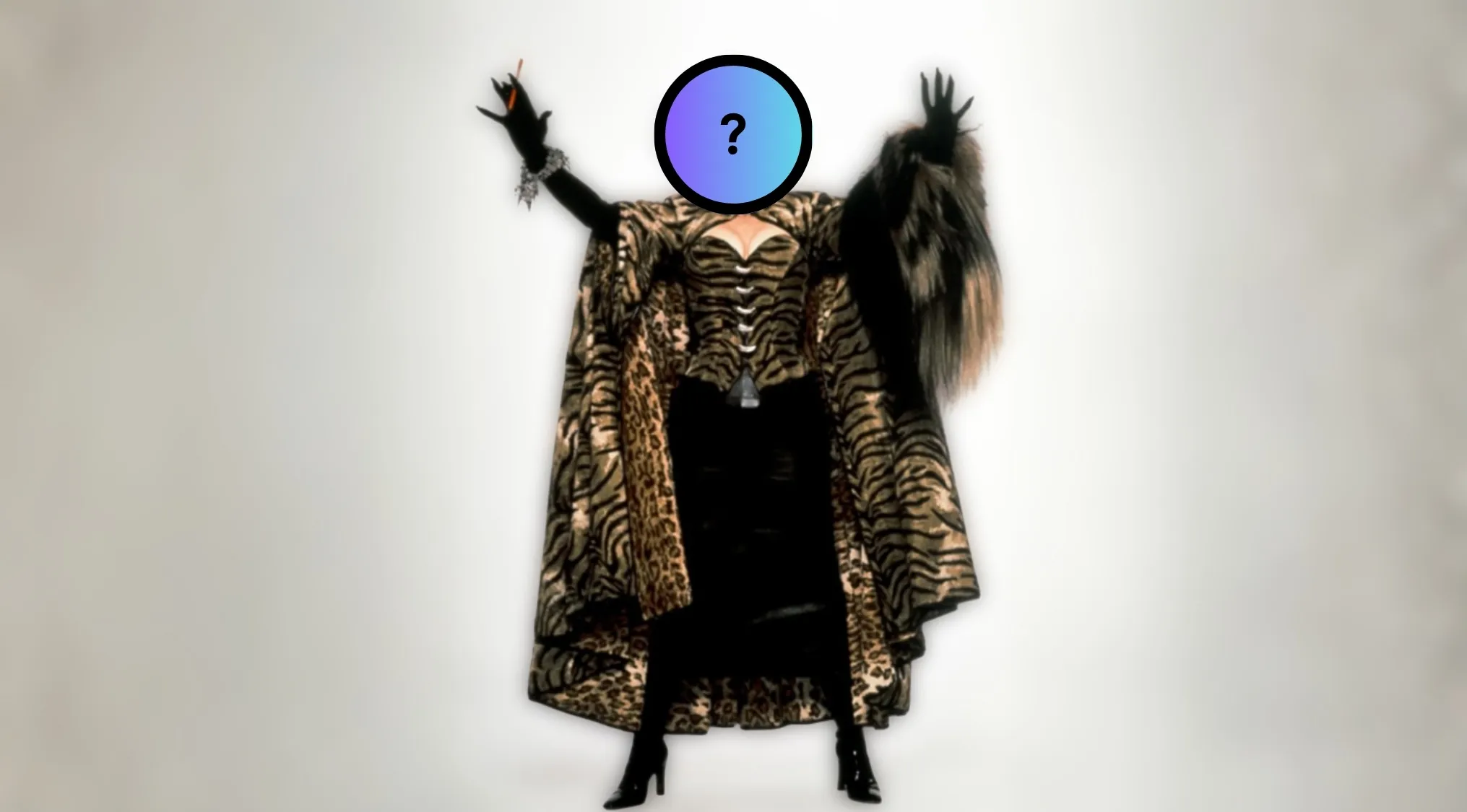 Guess The Villain by their outfit, an antagonist silhouette in a leopard print cape and corset.
