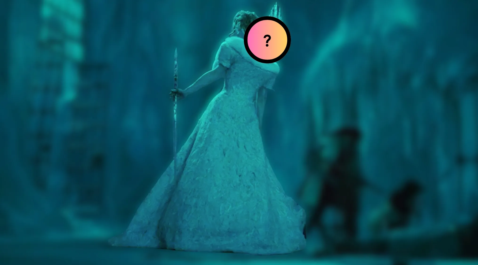 Guess The Villain by their outfit, a silhouette of a person in a light blue gown holding a trident, suggesting a franchise.