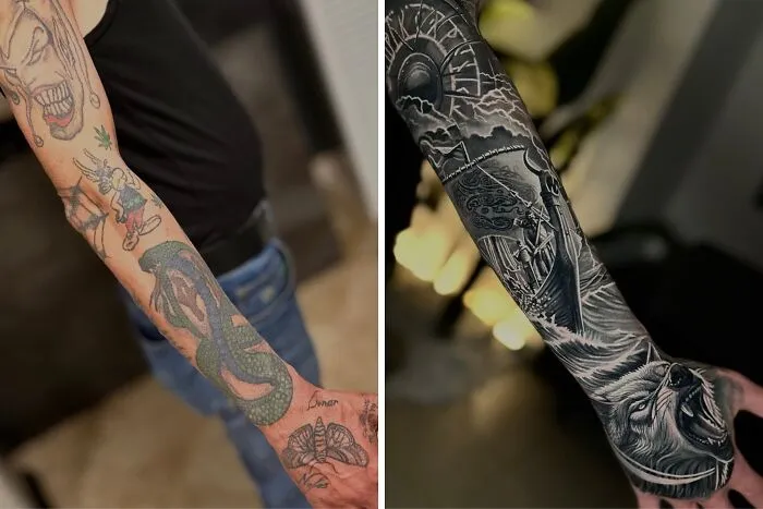 A tattoo artist transforms old tattoos on an arm into a remarkable full sleeve work of art featuring a Viking ship and a bear.