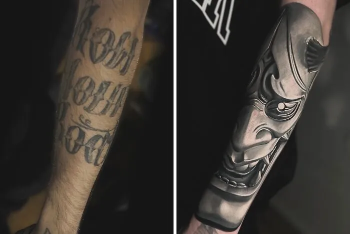 A tattoo artist transforms an old tattoo on an arm into a remarkable black and grey mask work of art.