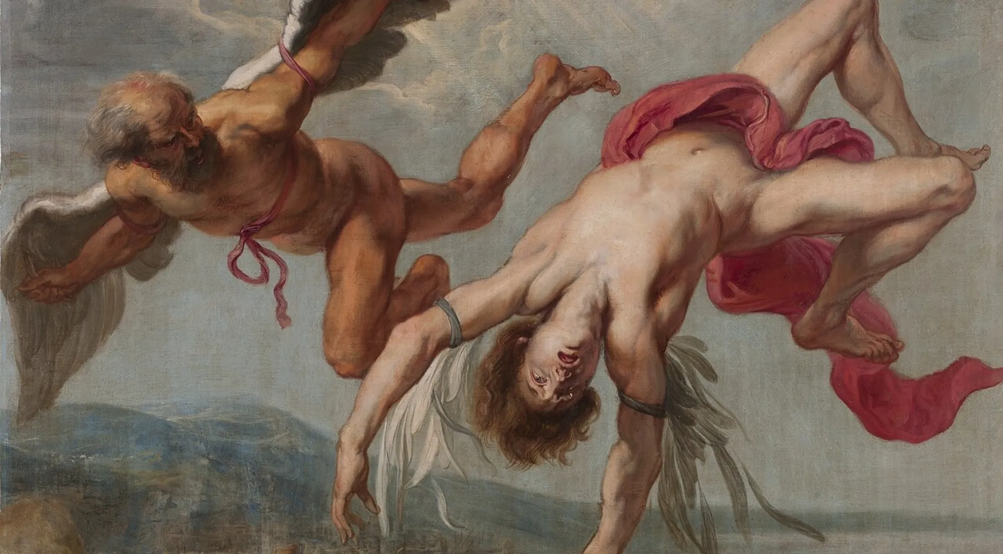 A painting depicting Daedalus flying above, watching Icarus fall headfirst, wings detaching, in Greek Mythology.