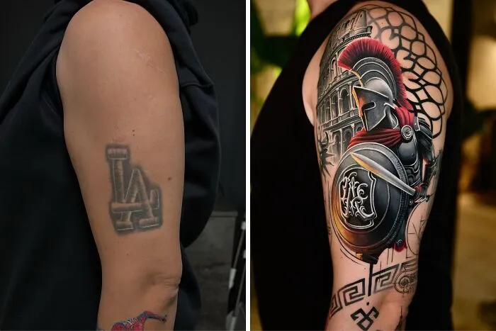 A before-and-after image showing an old LA logo tattoo on an arm transformed into a full sleeve tattoo of a Roman gladiator with a shield, set against the Colosseum, highlighting the tattoo artist's ability to transform old tattoos.
