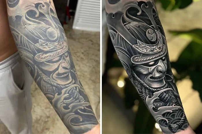 A before-and-after comparison of a tattoo, where an old tattoo of a samurai mask is transformed into a more detailed, realistic work of art with better shading and contrast, showcasing tattoo artist skill in transforming old tattoos.