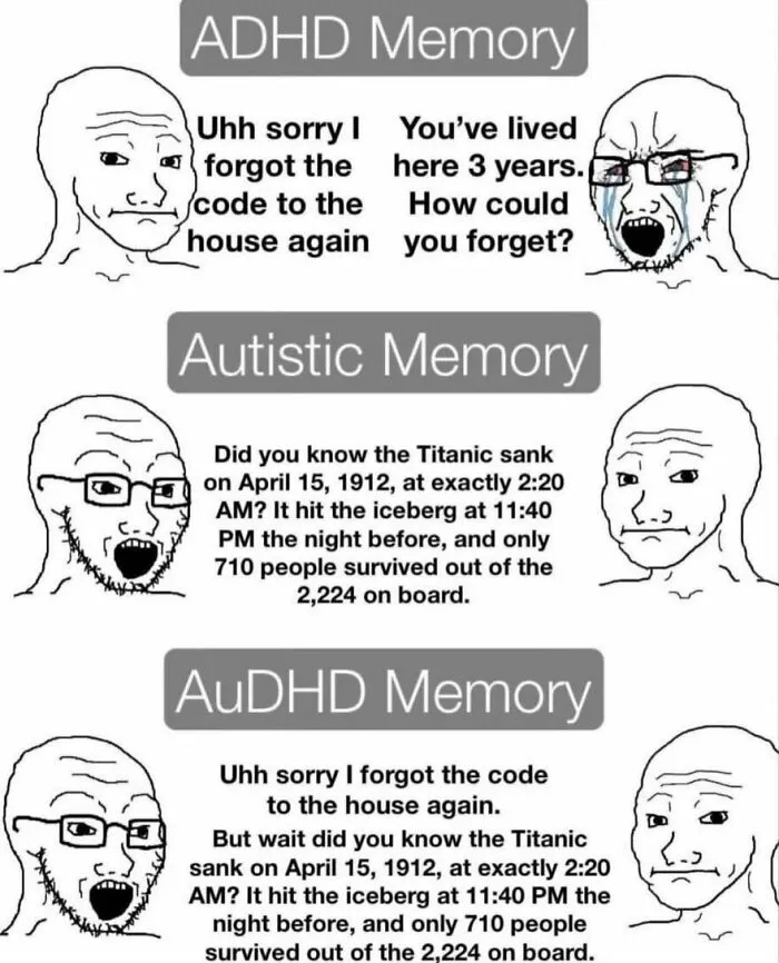 A meme comparing ADHD, Autistic, and AuDHD memory types, highlighting specific memory patterns for Autistic People.