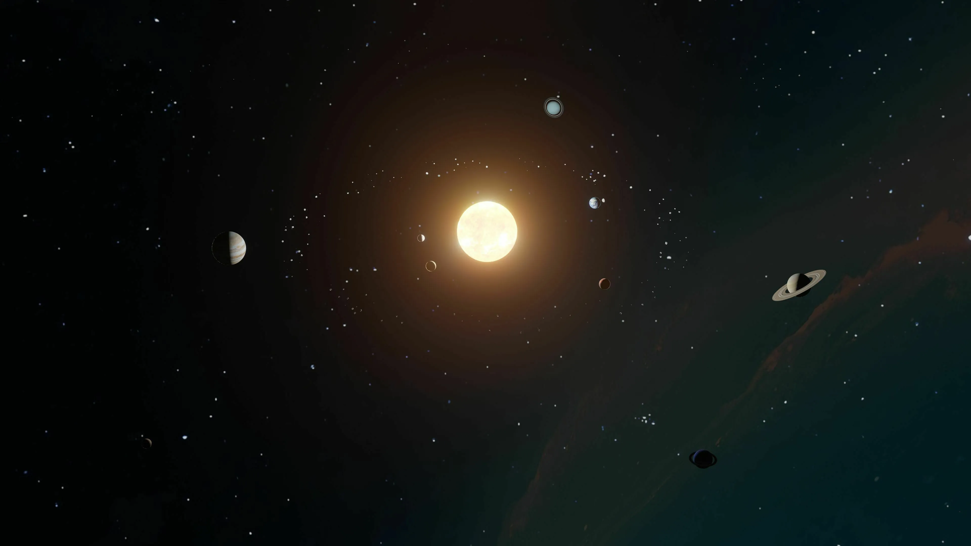 A vibrant image of the solar system with the sun at its center and planets orbiting, depicting planets further from the sun than Earth.