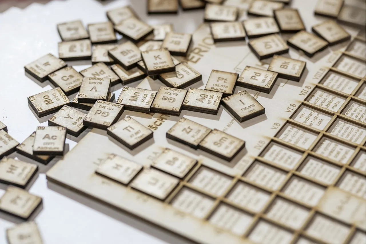An array of wooden tiles, each engraved with an atomic symbol and number, illustrating the atomic number of Carbon.