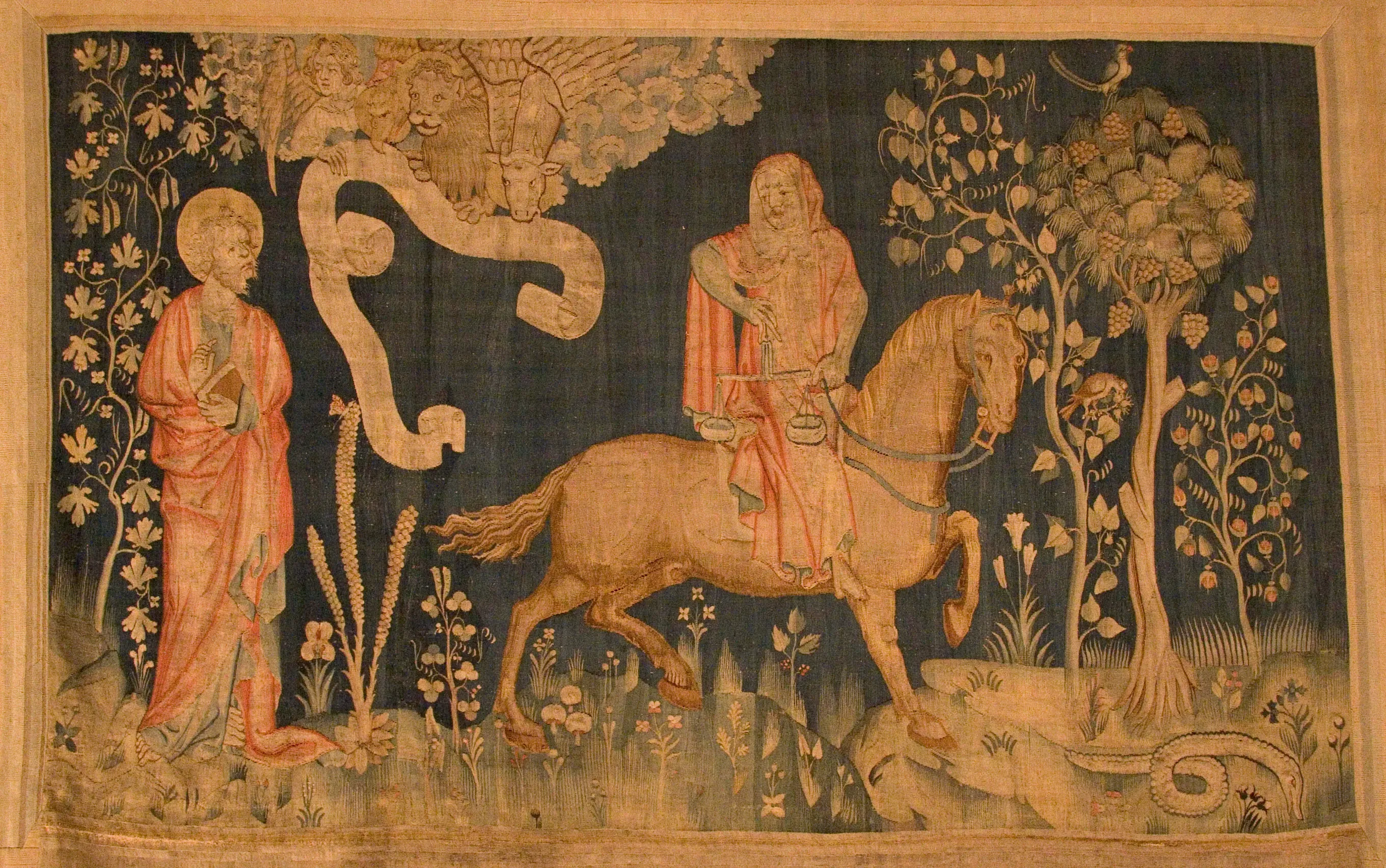 An ancient tapestry depicting the Four Horsemen of the Apocalypse from the Bible's Book of Revelation.