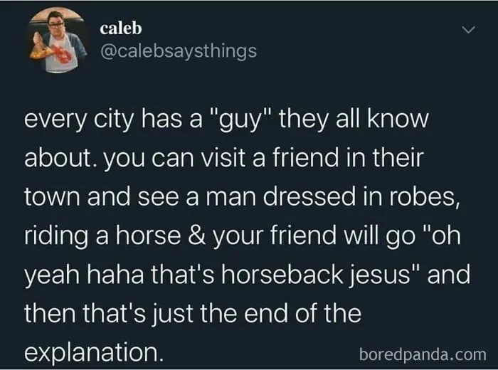 A screenshot of an oddly specific post from Caleb on X, about a horseback Jesus in every town.