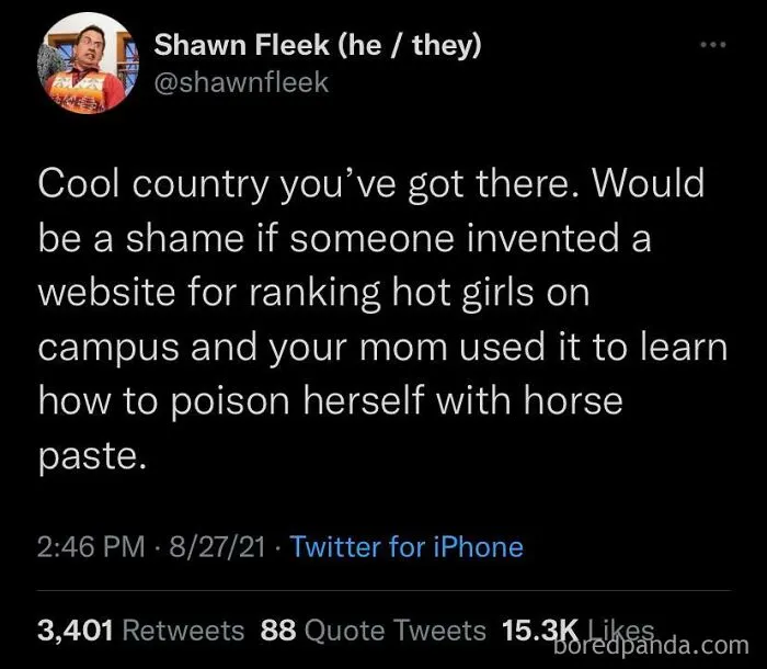 An oddly specific post by Shawn Fleek on Twitter about a website for ranking hot girls and horse paste.