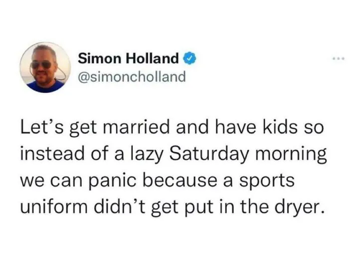 An oddly specific post by Simon Holland on Twitter about trading lazy Saturdays for sports uniform panic.
