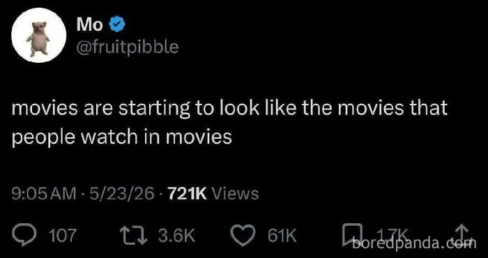 An oddly specific post on Twitter about movies looking like movies people watch in movies.