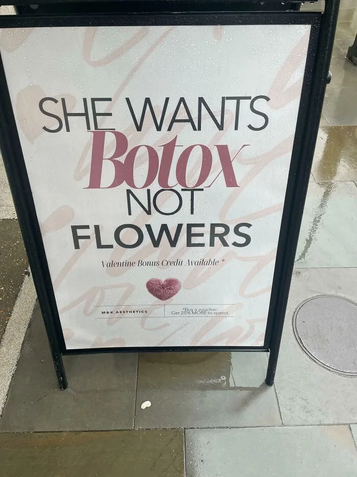 An A-frame sign advertising Botox, highlighting the 400% price difference in consumerism.