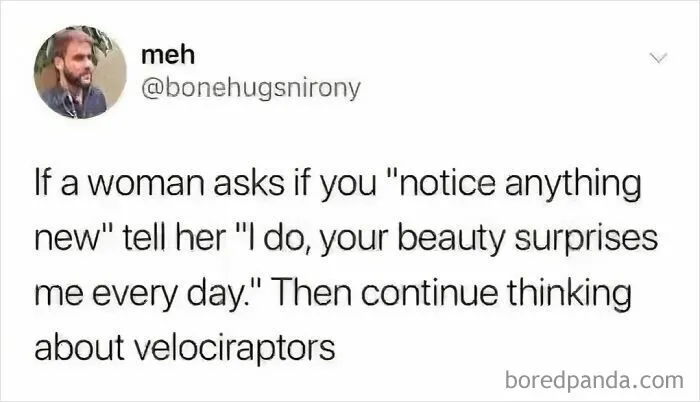 A meme with oddly specific posts, suggesting a humorous response to a woman asking about something new while thinking about velociraptors.