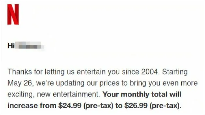 Email showing a price increase, reflecting the impact of consumerism and price difference.