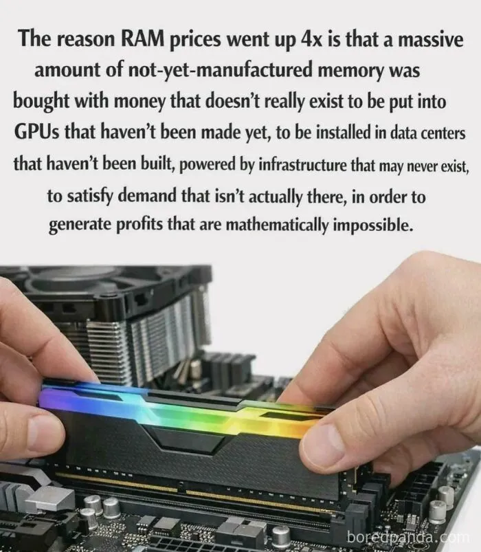 An oddly specific post explaining the increase in RAM prices due to non-existent memory and impossible profits.