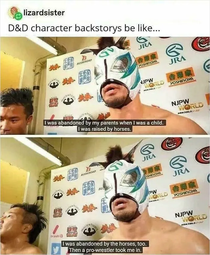 An oddly specific post showing a wrestler in a donkey mask detailing his D&D character backstory of being abandoned.
