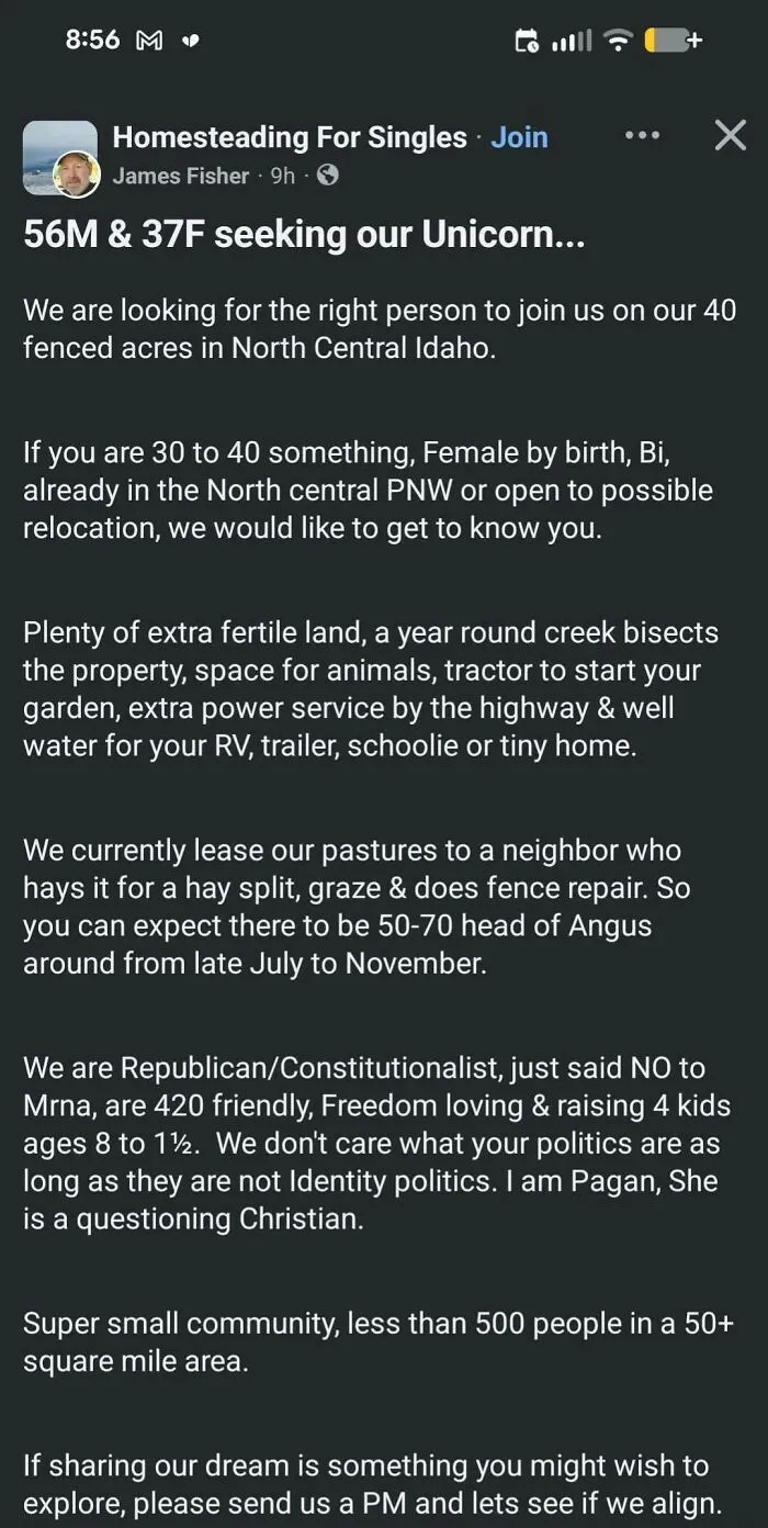 A screenshot of an oddly specific post for Homesteading For Singles, seeking a unicorn.
