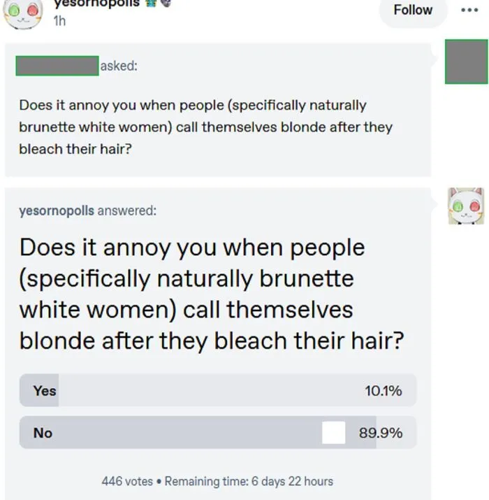 An oddly specific post showing a poll asking if it's annoying when naturally brunette women call themselves blonde after bleaching their hair.