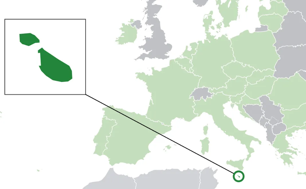 Map showing Malta highlighted as a small island nation in the Mediterranean Sea, important for general geography knowledge.