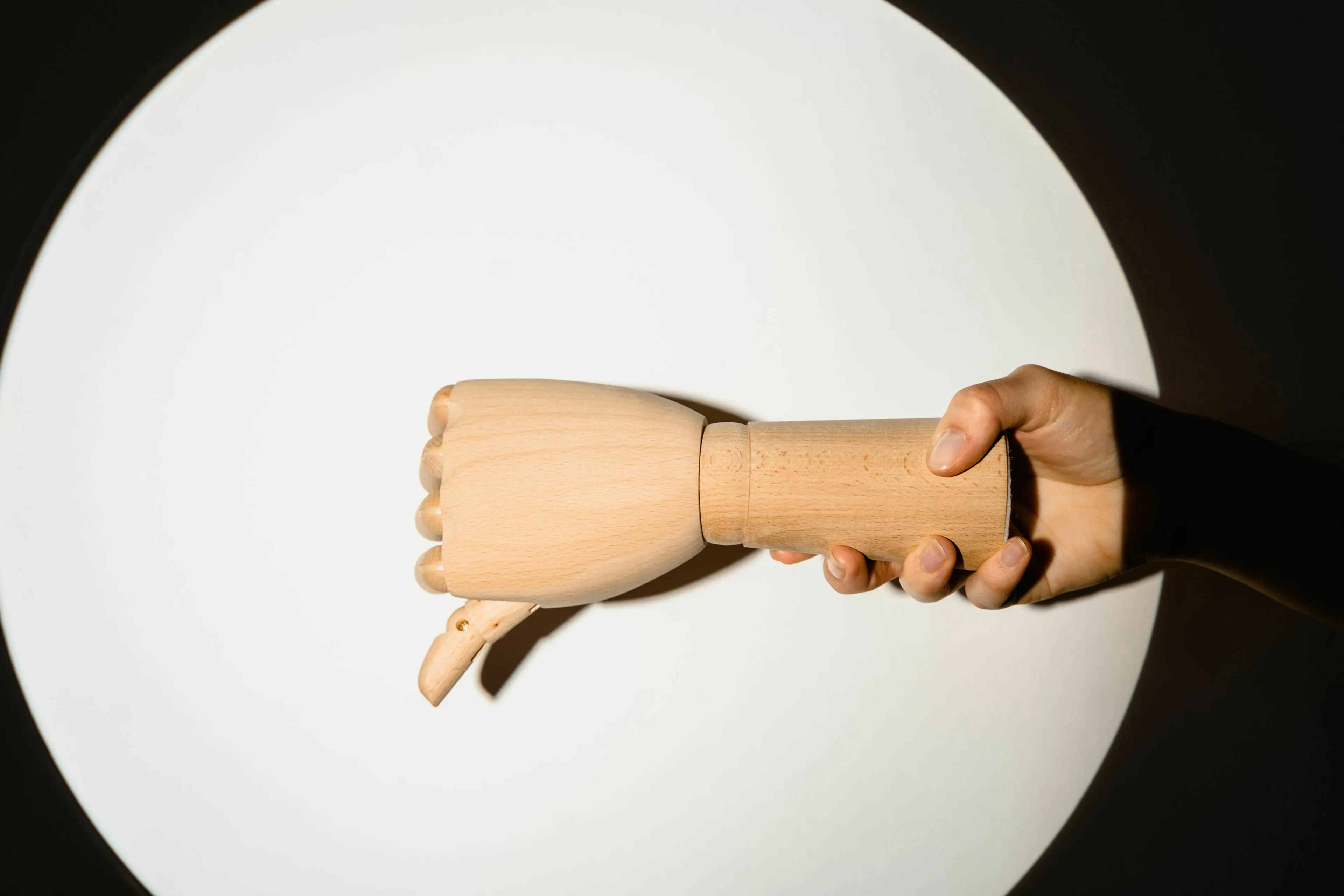 A human hand holding a wooden mannequin hand giving a thumbs down gesture. What do you do with criticism?
