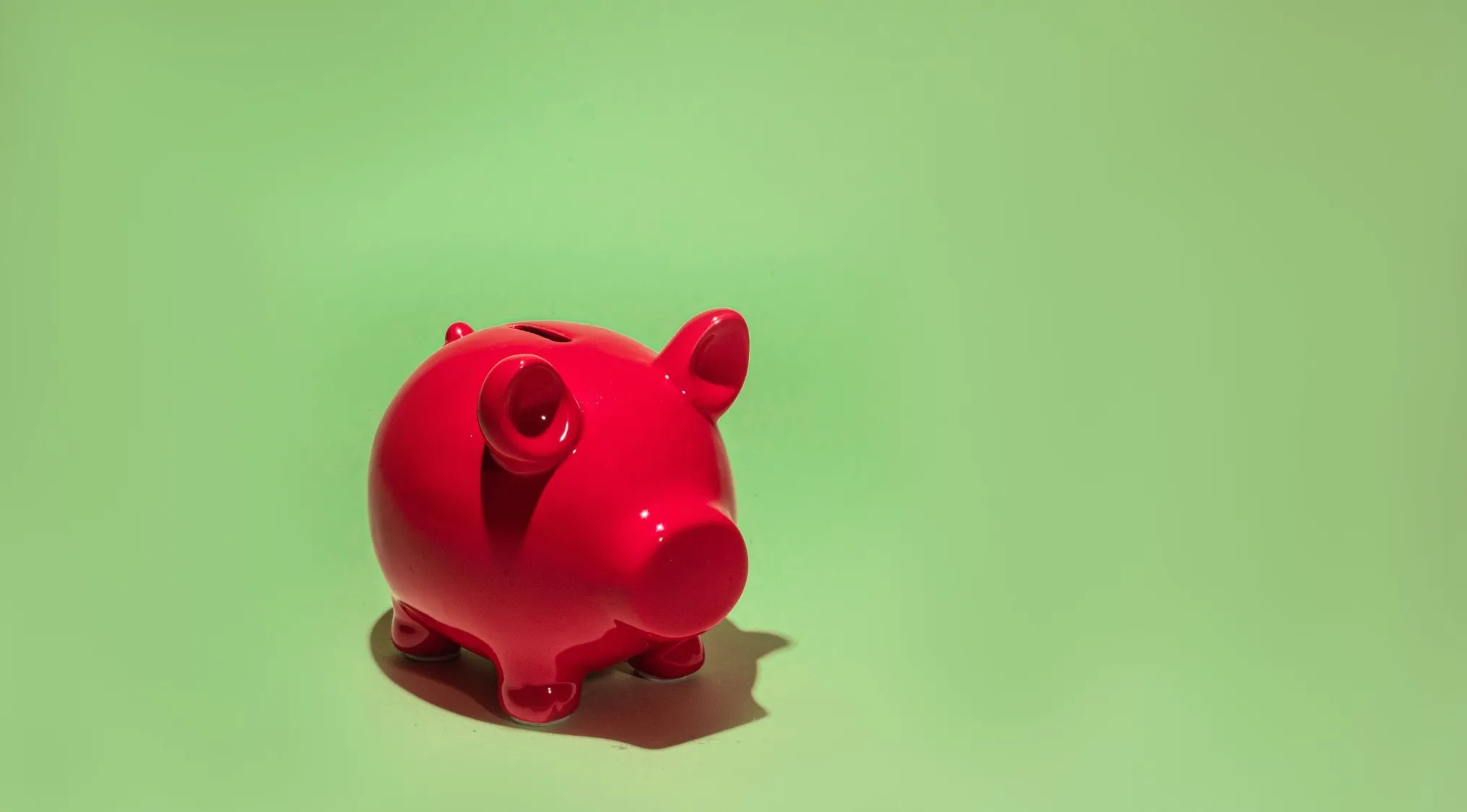 Red piggy bank on a light green background, representing saving money in home economics. Understanding checking vs. savings accounts.