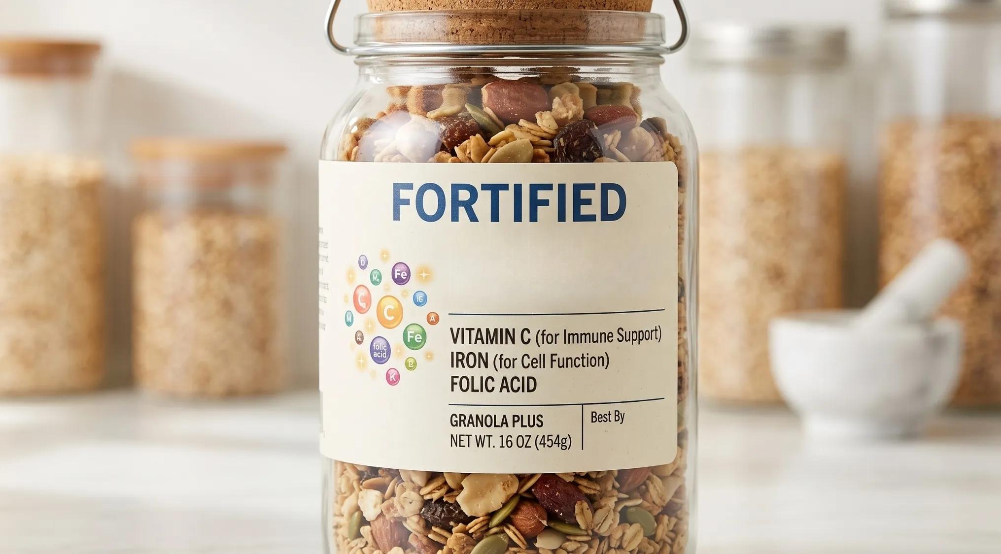 A clear glass jar of granola labeled "FORTIFIED" with added Vitamin C, Iron, and Folic Acid. Food product enrichment.