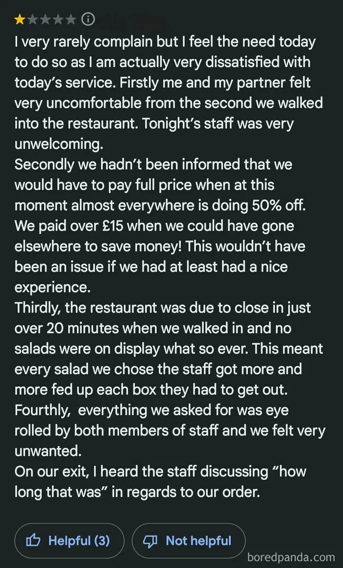 A negative restaurant review detailing poor service, illustrating people who think they're the main character in customer interactions.