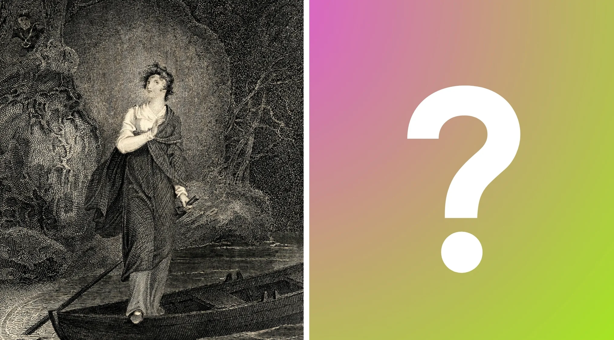 1869 MIT Entrance Exam: A woman in a boat with a question mark, asking about the author of The Lady of the Lake.
