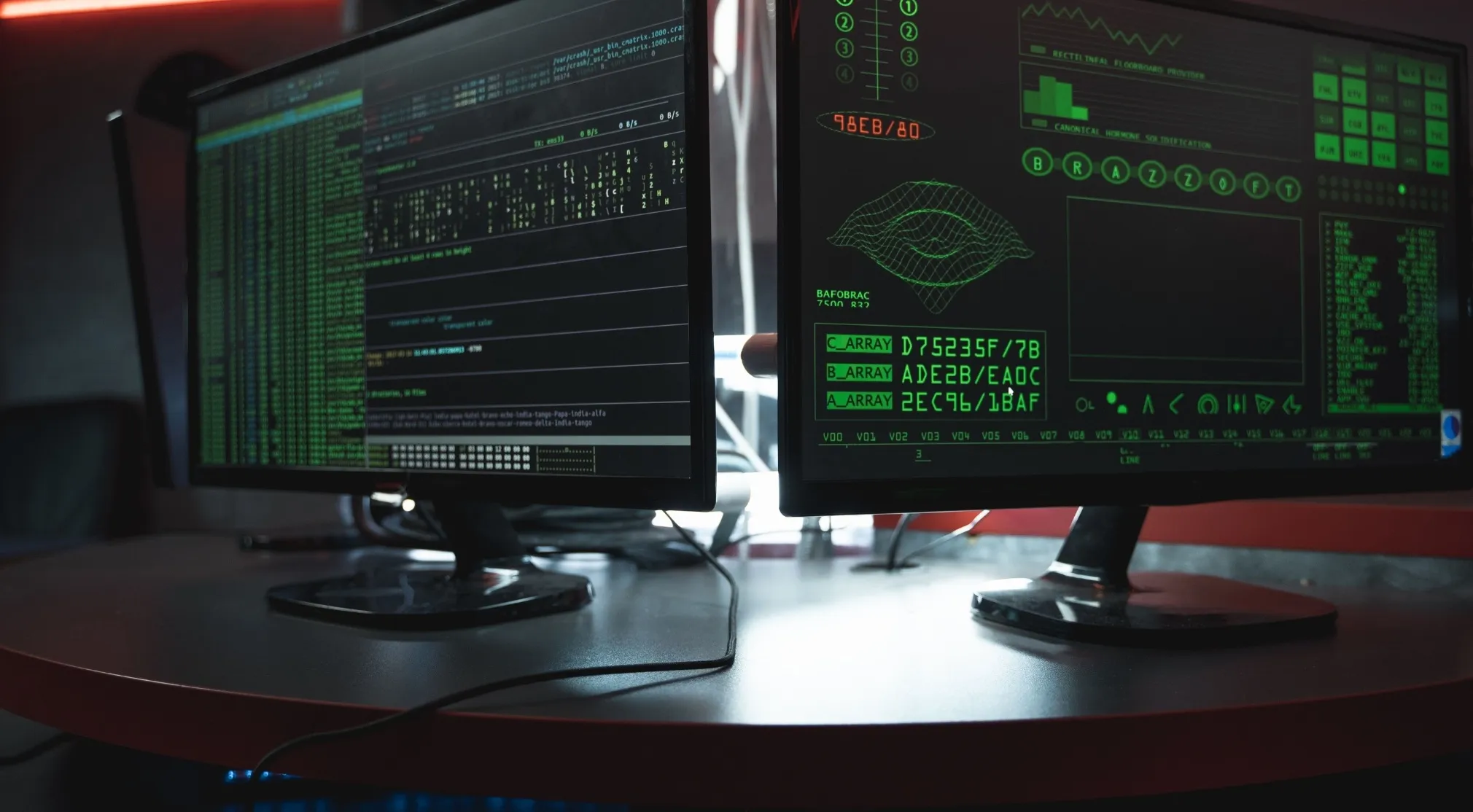 Two dark computer monitors displaying green code and data. This image relates to computer virus and human intervention.