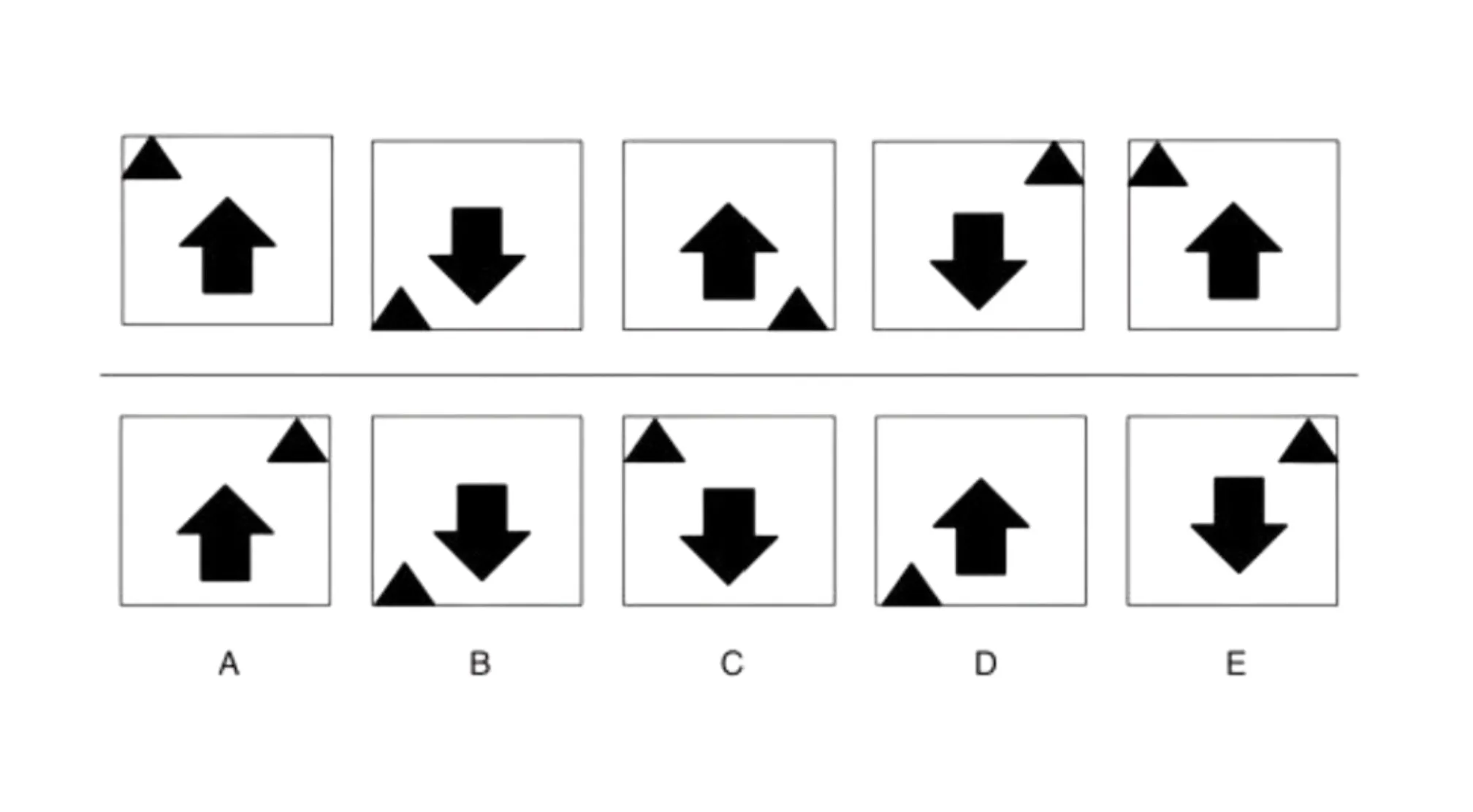 A sequence of five boxes showing arrows and triangles, followed by five answer choices (A-E). FBI hire.