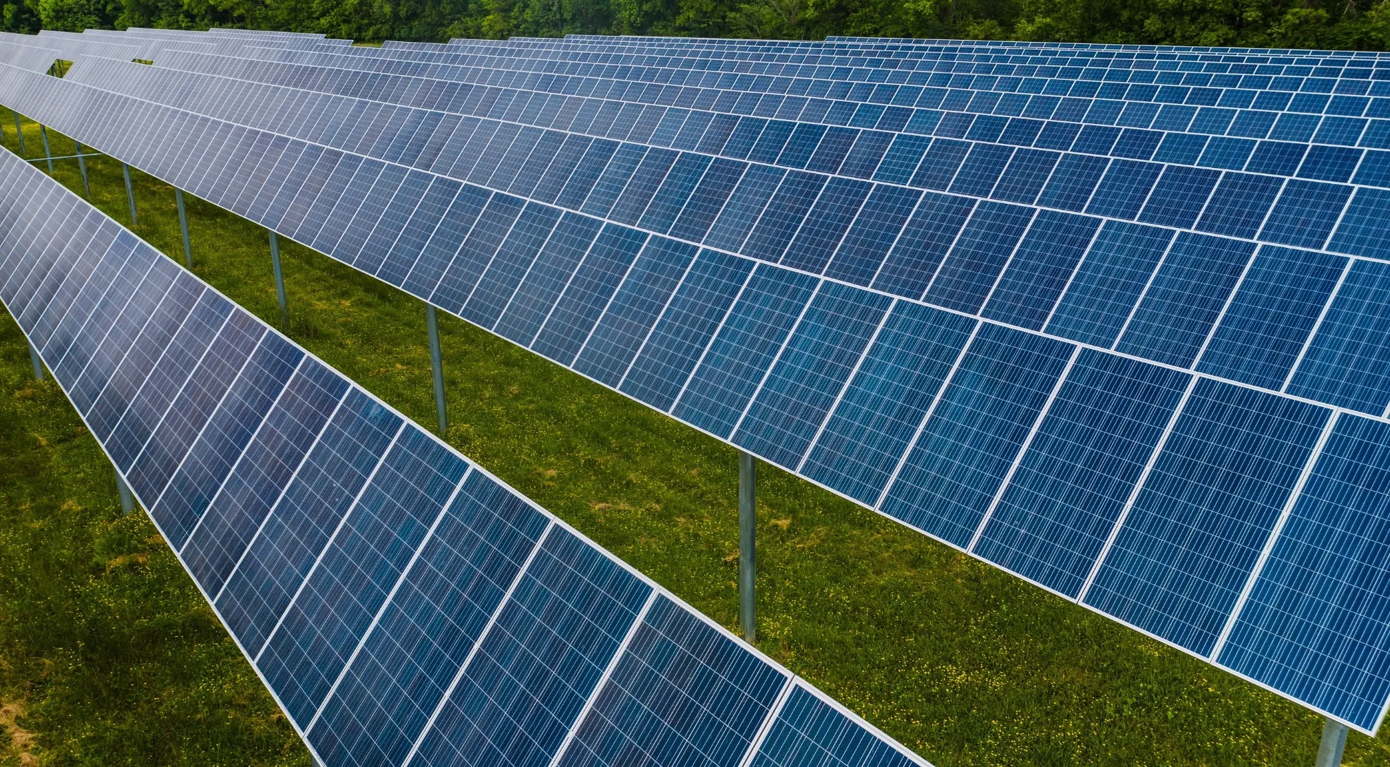 An aerial view of a large solar panel array on a grassy field, showcasing renewable energy. Direction of solar panels.