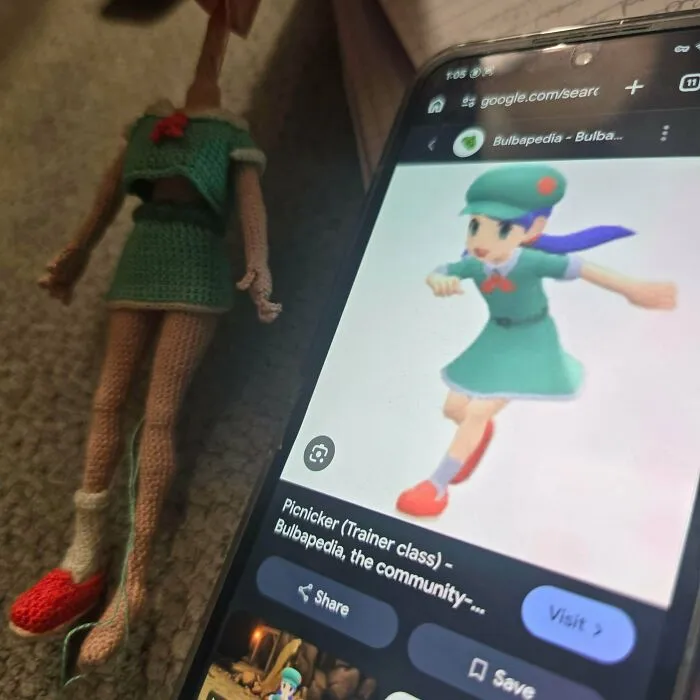 Crochet doll next to digital image showing creative crochet project skill