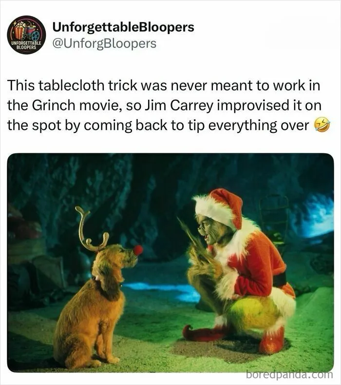 Jim Carrey as the Grinch, improvising the tablecloth trick with a reindeer in The Grinch movie, an interesting post about TV, movies, and media.