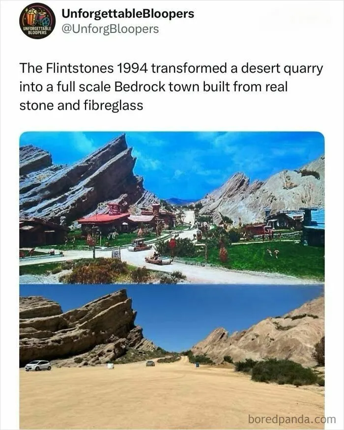 Side-by-side images of a desert quarry and the constructed Bedrock town from The Flintstones movie.