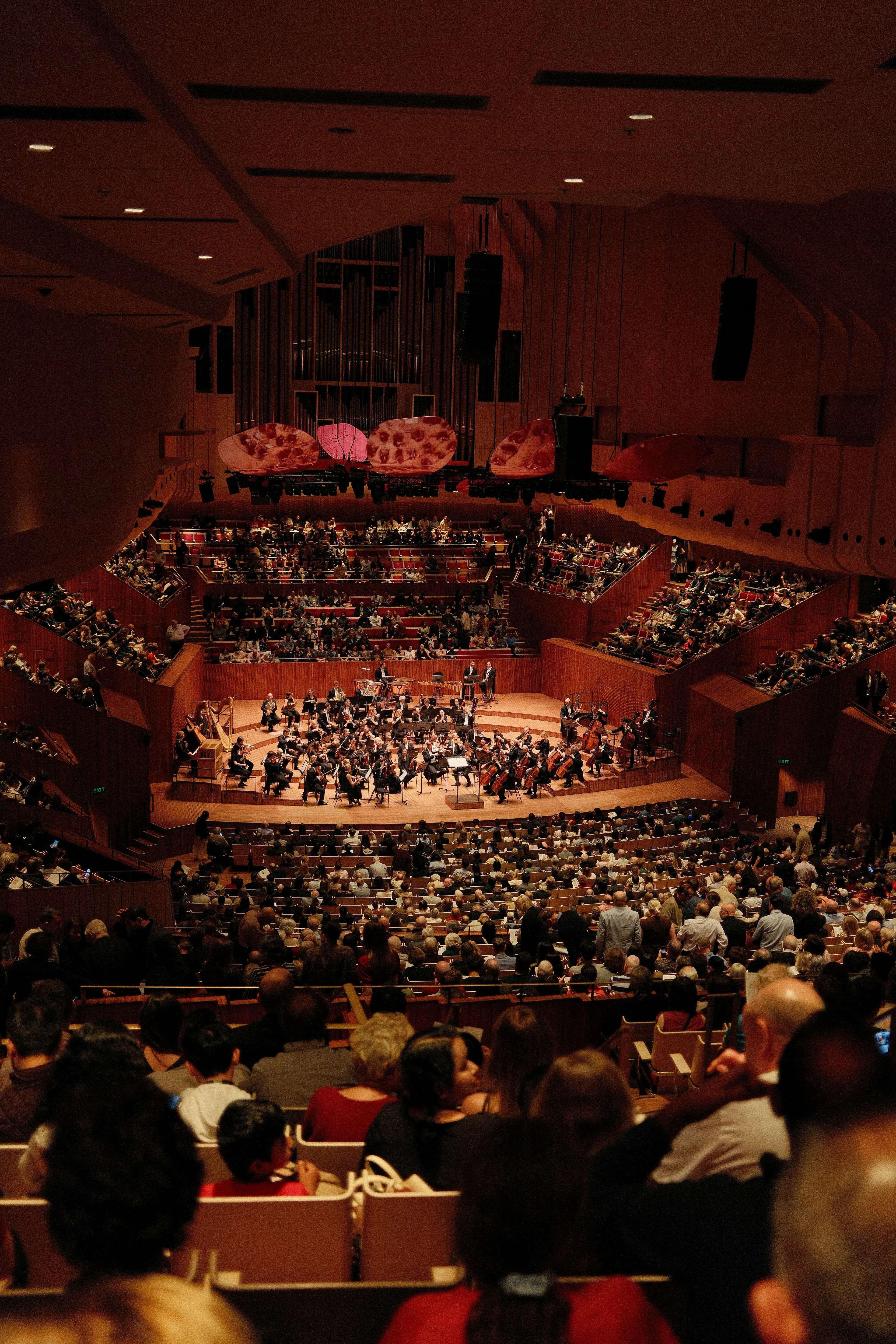 A grand symphony orchestra performs on stage in a large, well-lit concert hall for a classical music quiz.