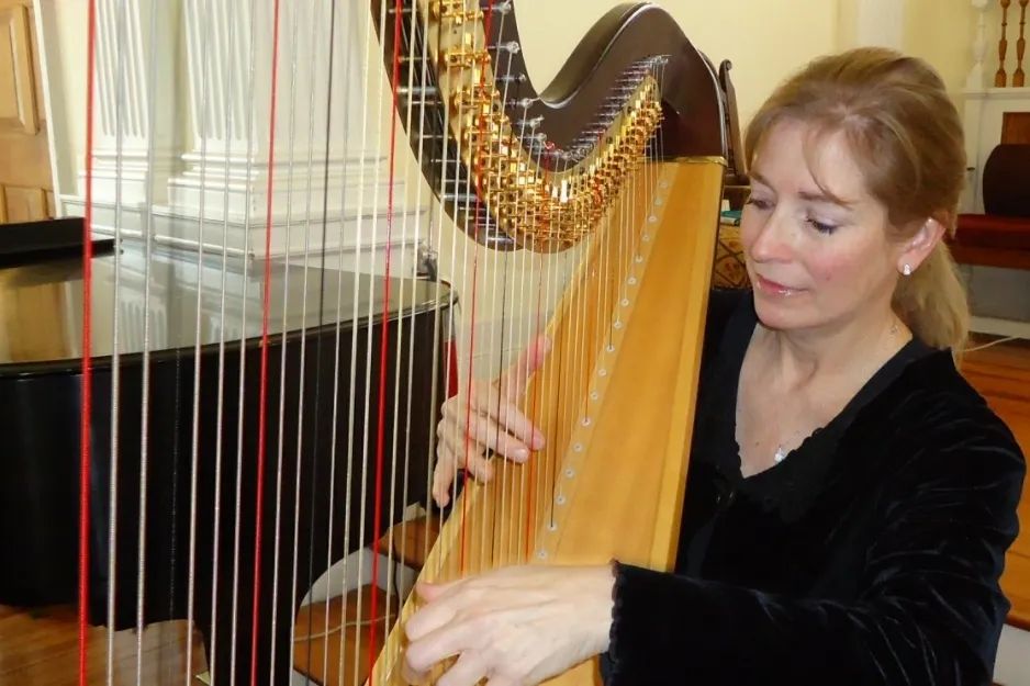 An Orchestral Harp custom-built to adapt to the architecture, played by a woman in a black top.
