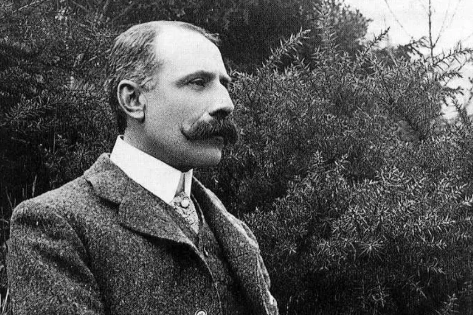 Edward Elgar, Father of the Symphony, a distinguished composer with a mustache, looking to the side.