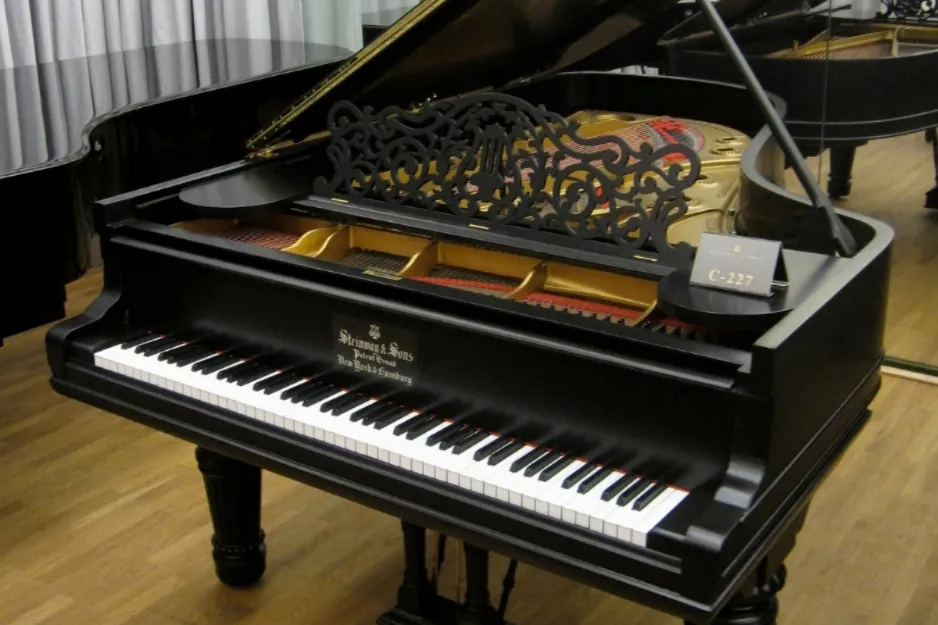 A Grand Piano custom-built to adapt to the architecture, a sleek black instrument with an open lid.