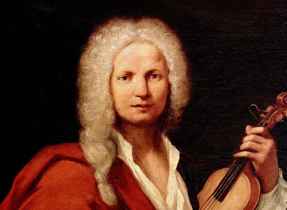 A Baroque portrait of Antonio Vivaldi, an Italian Baroque composer, holding a violin. His white wig and red cloak contrast with the dark background.