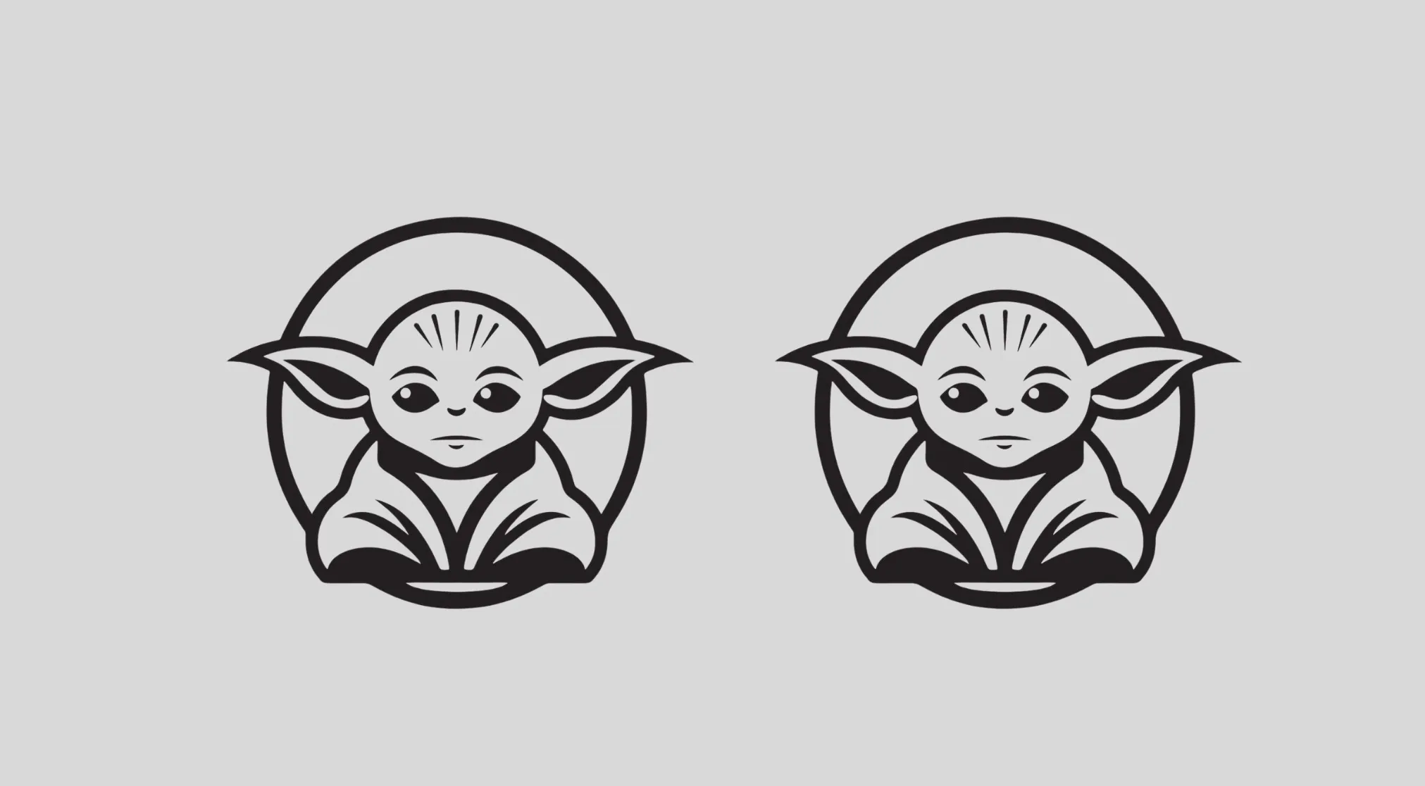 Two identical black and white illustrations of Grogu (Baby Yoda) from Star Wars. A rebus puzzle for car brand quiz.