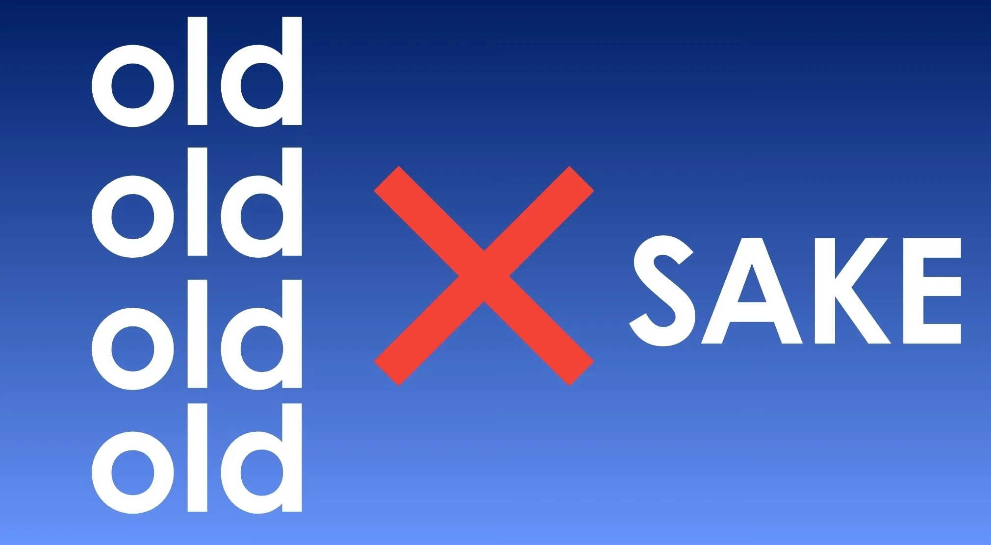 A rebus puzzle quiz showing five instances of the word old, a red X, and the word SAKE, on a blue background.