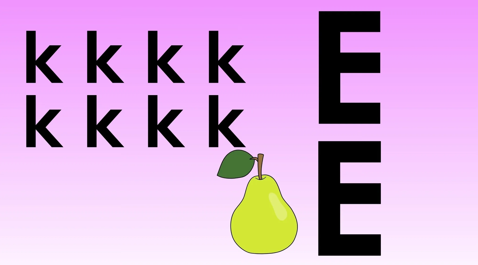 Rebus puzzle quiz with eight black 'k' letters, a green pear, and two large black 'E' letters on a pink background. Guess the famous person.