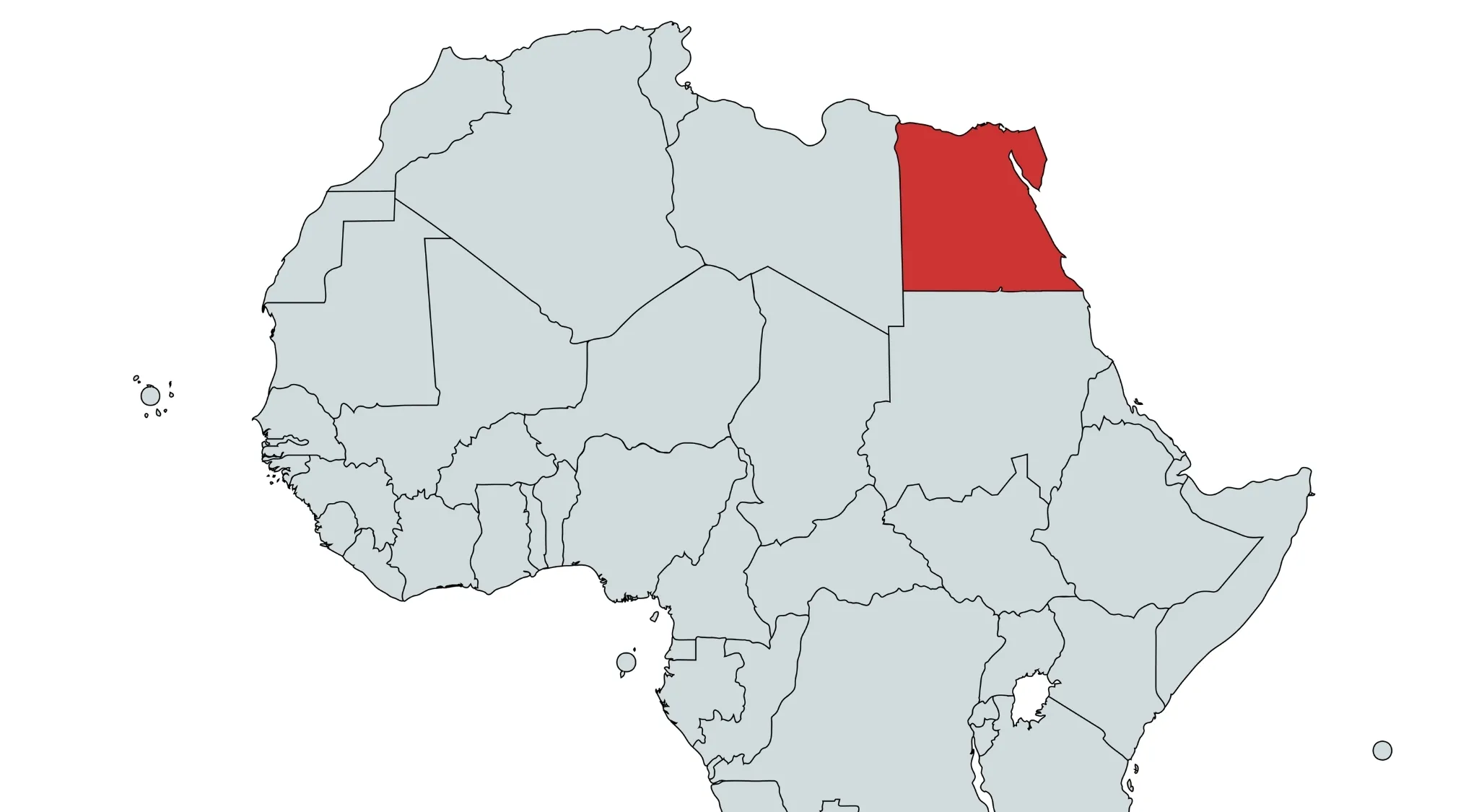 Geography Maps: World Countries Quiz map of Africa with Egypt highlighted in red, bordering two seas.