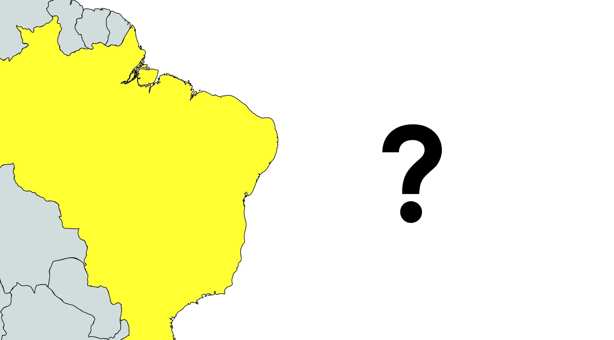 Geography Maps: World Countries Quiz map showing Brazil highlighted in yellow, questioning its South American borders.