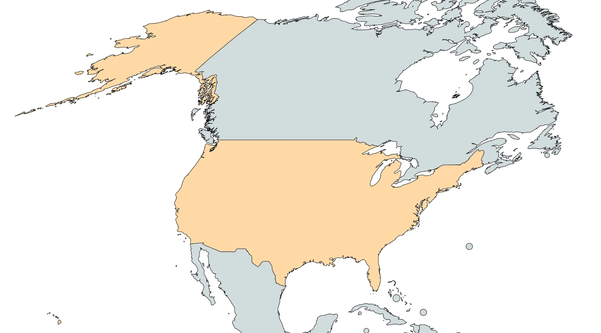 A World Countries Quiz map highlighting the USA, asking which country borders it to the south.
