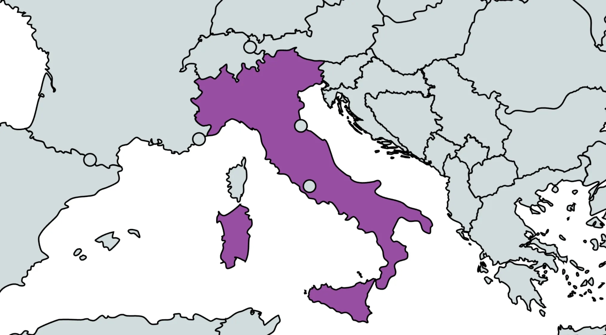 A World Countries Quiz map highlighting Italy, asking in which continent the country is located.