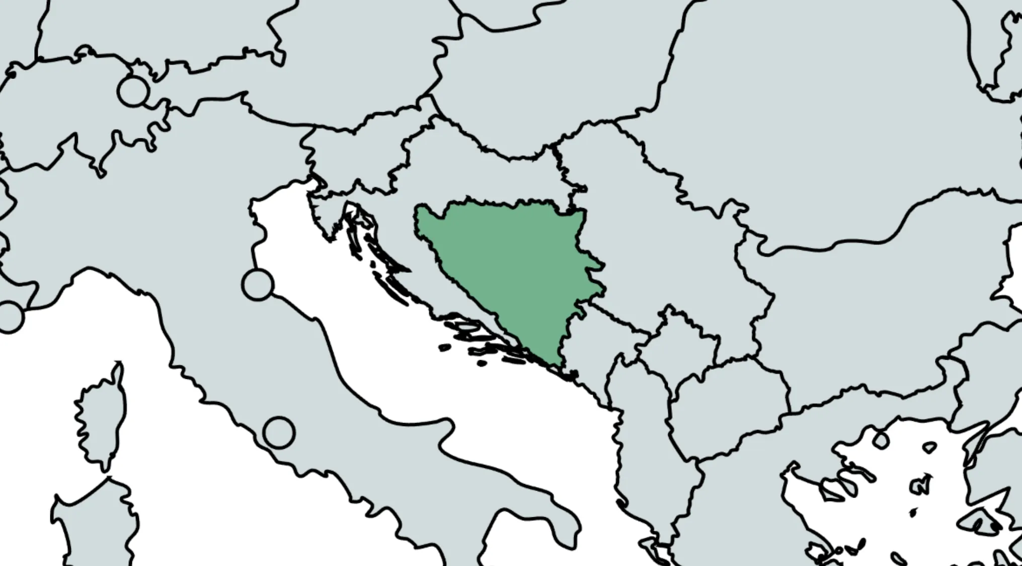 Geography Maps: World Countries Quiz - highlighted Bosnia, asking about the sea west of the country.