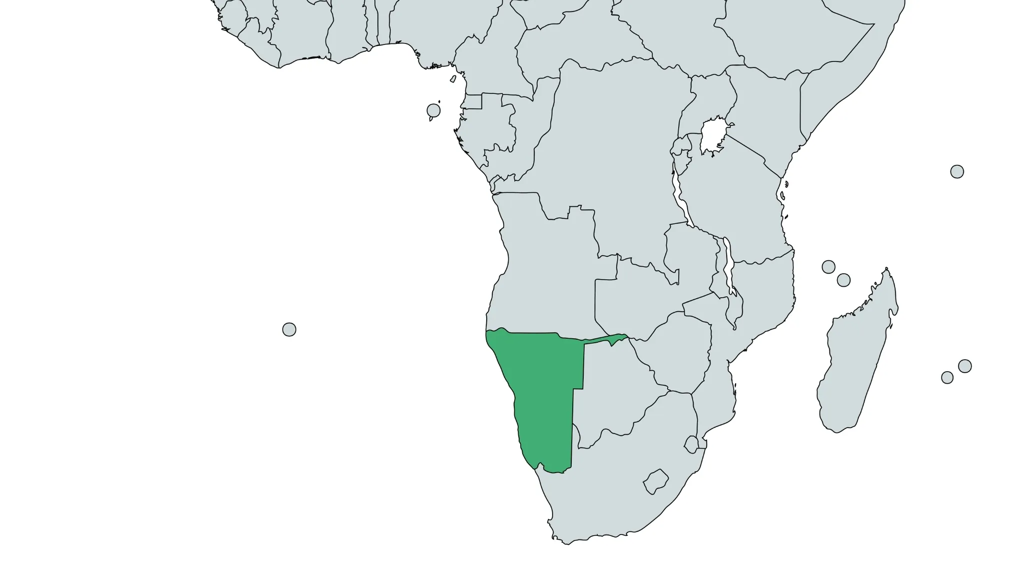 Geography Maps: World Countries Quiz - highlighted Namibia, asking about the bordering ocean.
